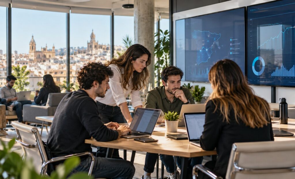 Equipo tecnológico analizando datos y servicios digitales en una empresa española.